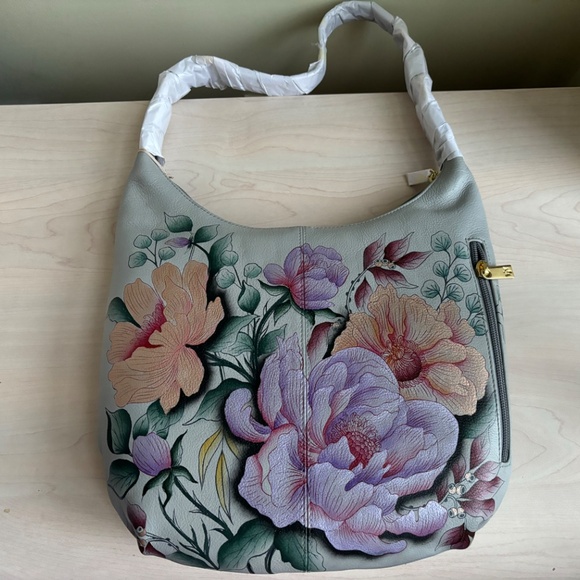 New Anuschka Light Blue Floral Genuine Leather Bag & Zippered Wallet 2 Piece Set - Picture 11 of 16